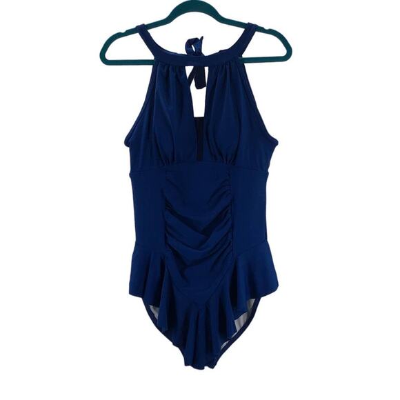 BLOOMCHIC 10 M Blue Sleeveless Halter Ruffle Tie One Piece Swimsuit NWT B103 - Picture 3 of 9